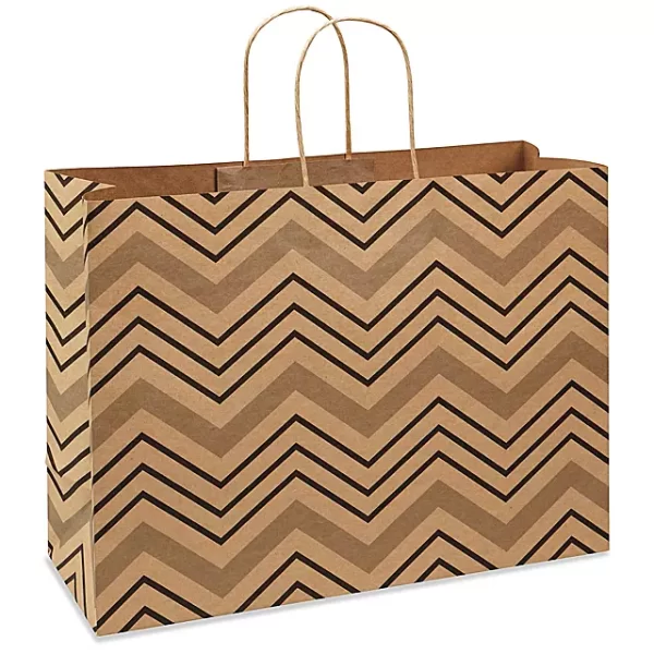 Printed Kraft Paper Shopping Bags - 16 x 6 x 12", Vogue, Chevron