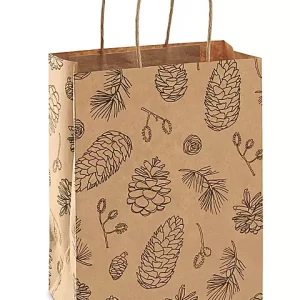 Printed Kraft Paper Shopping Bags - 8 x 4 1⁄2 x 10 1⁄4", Cub, Pine Cones